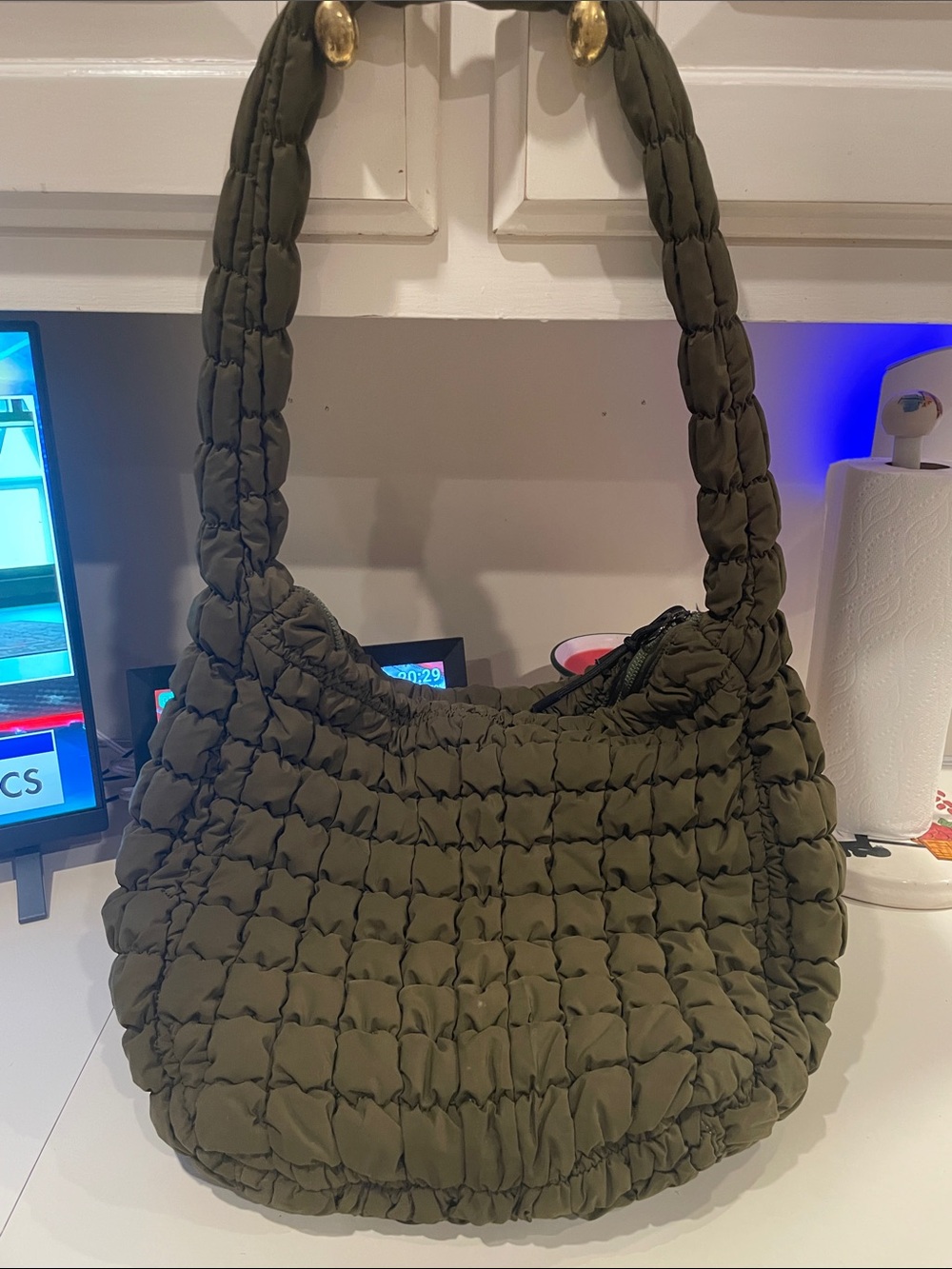 Quilted Olive Green Hobo Shoulder Bag